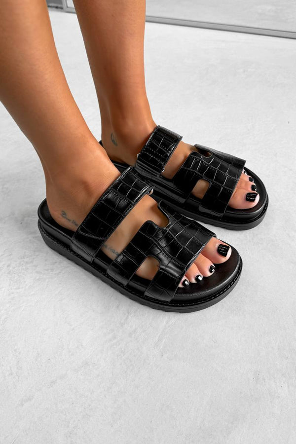 INDIE Gladiator Strap Slider Sandals - Black Croc - 1