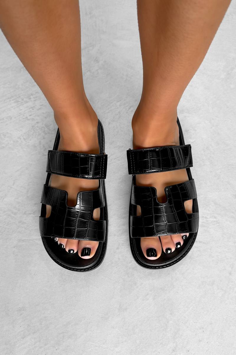 INDIE Gladiator Strap Slider Sandals - Black Croc