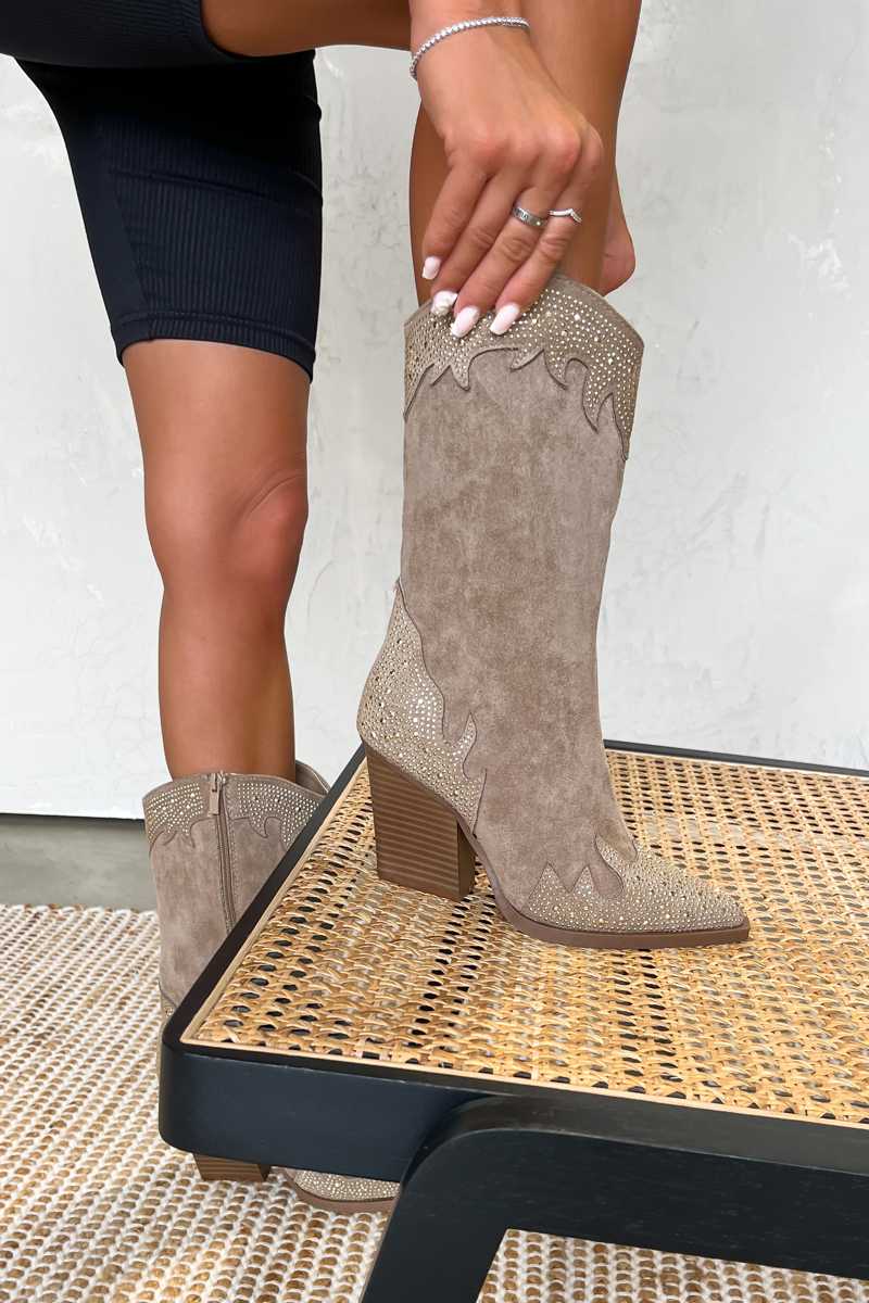 JACKSON Diamanté Detail Cowboy Western Boots - Beige - 1