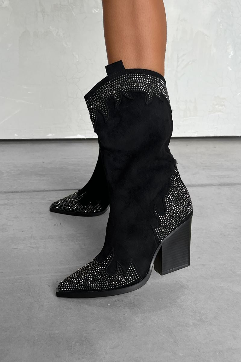 JACKSON Diamanté Detail Cowboy Western Boots - Black - 2