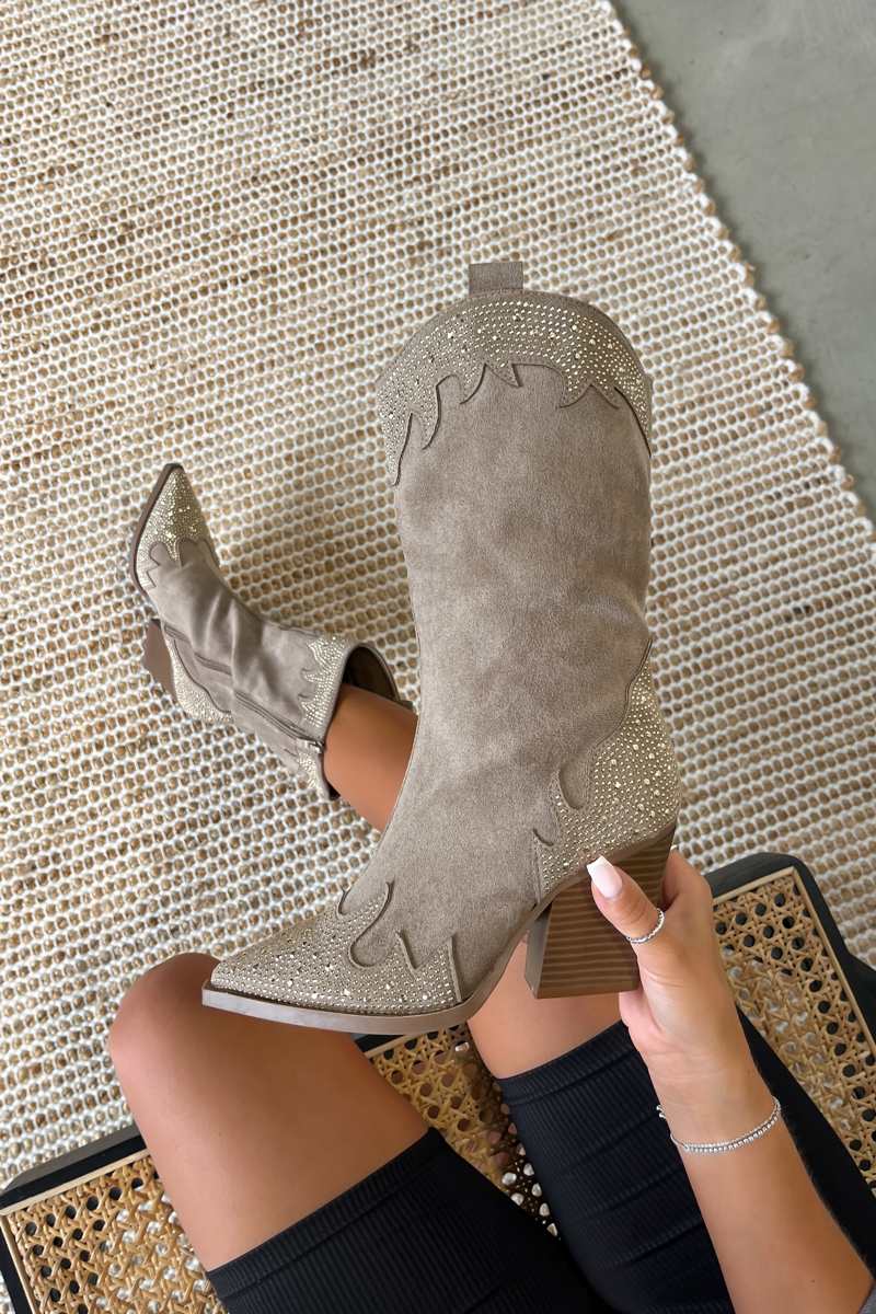 JACKSON Diamanté Detail Cowboy Western Boots - Beige - 6