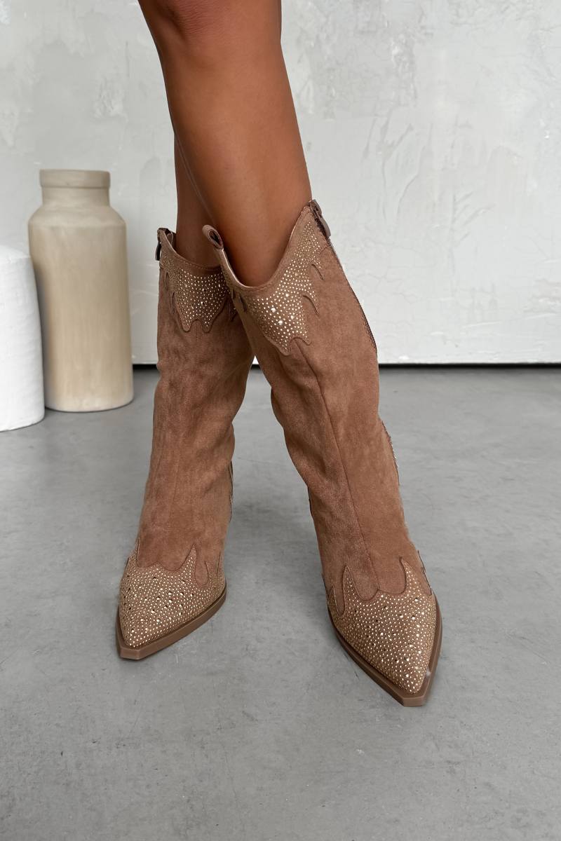 JACKSON Diamanté Detail Cowboy Western Boots - Camel - 4
