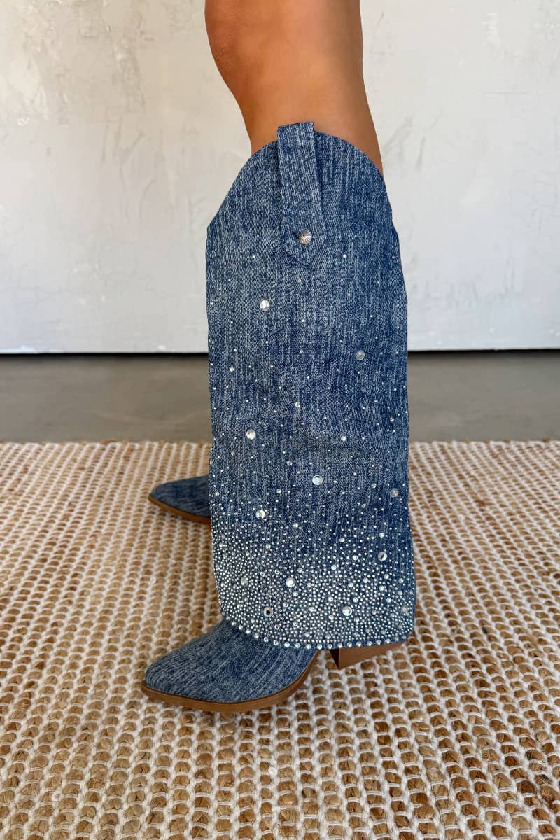 JENNA Flared Diamanté Cowboy Western Boots - Dark Denim