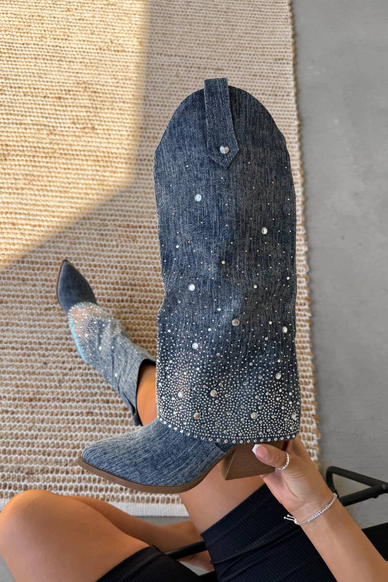 JENNA Flared Diamanté Cowboy Western Boots - Dark Denim - 1
