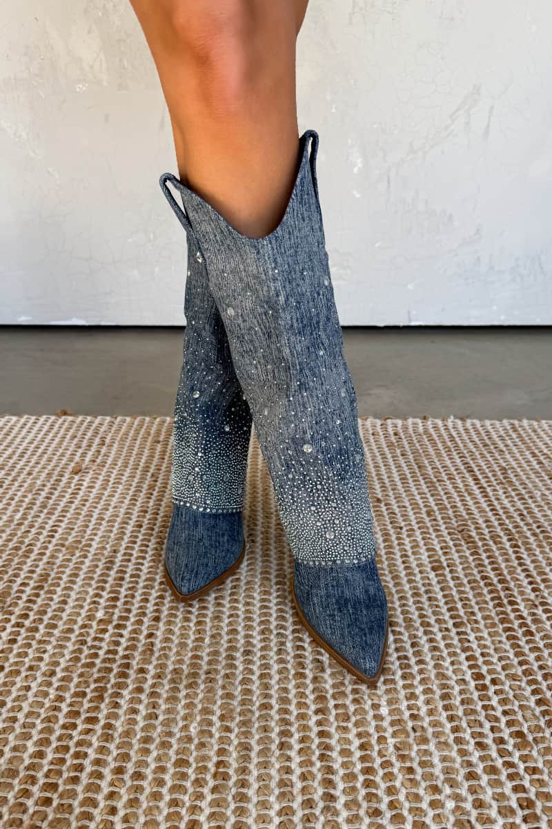 JENNA Flared Diamanté Cowboy Western Boots - Dark Denim - 2