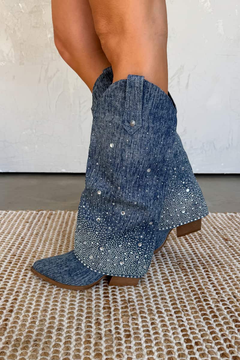 JENNA Flared Diamanté Cowboy Western Boots - Dark Denim - 3