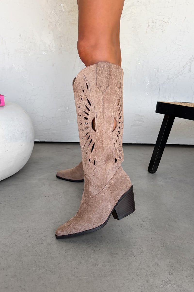JERSEY Cut Out Cowboy Western Boots - Taupe - 1