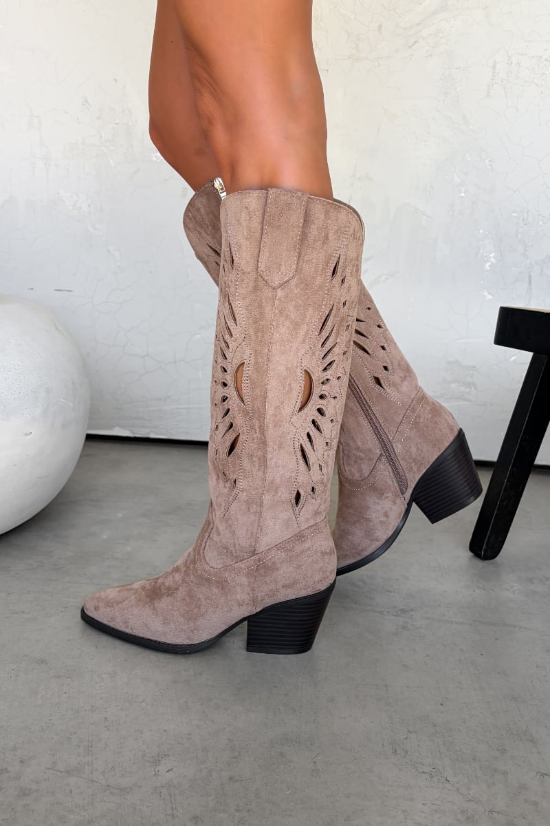 JERSEY Cut Out Cowboy Western Boots - Taupe - 3