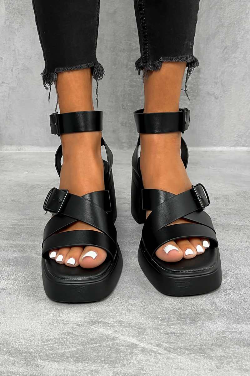 KAI Chunky Block Heel Sandals - Black - 4
