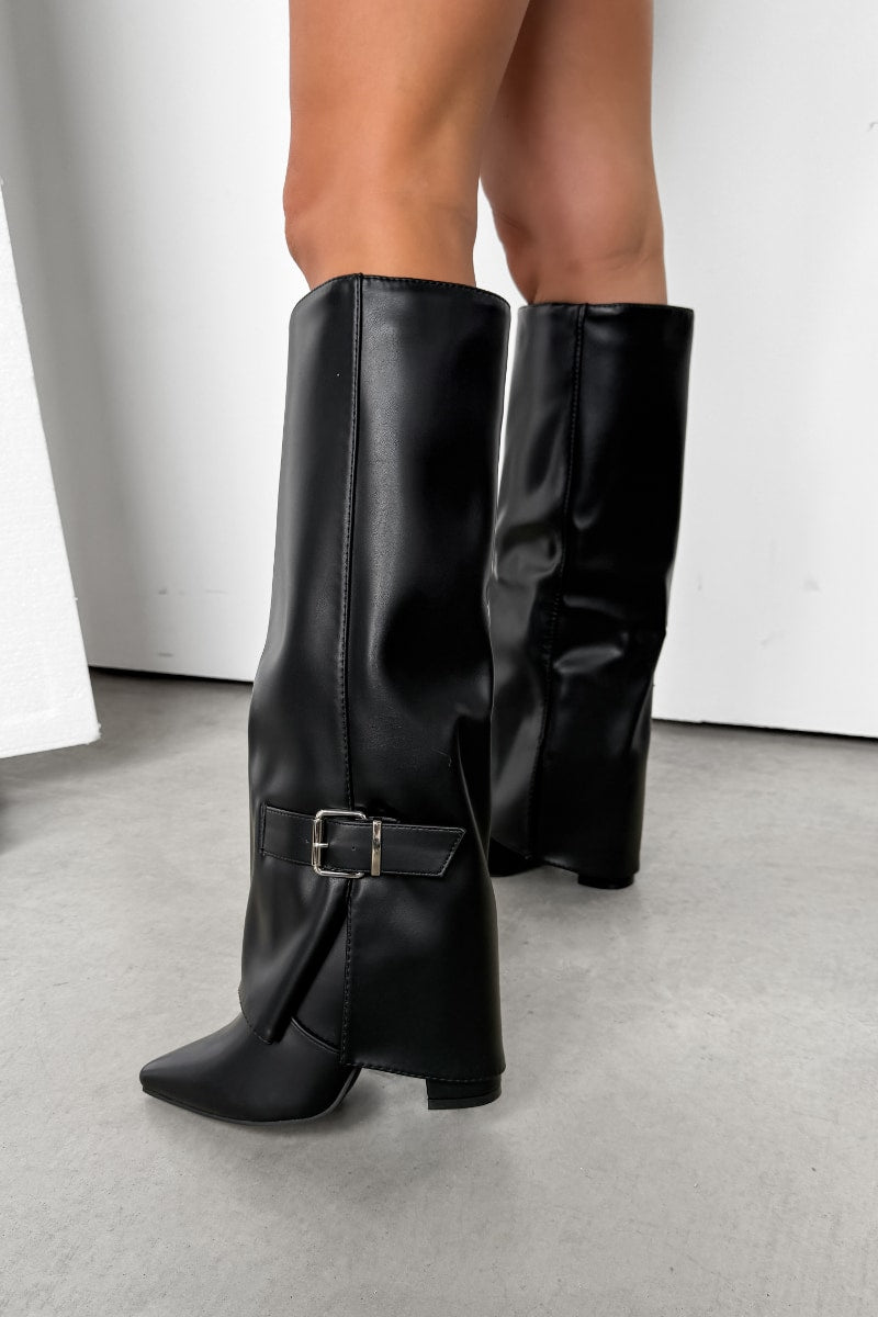 KARLEY Knee High Buckle Boots - Black PU