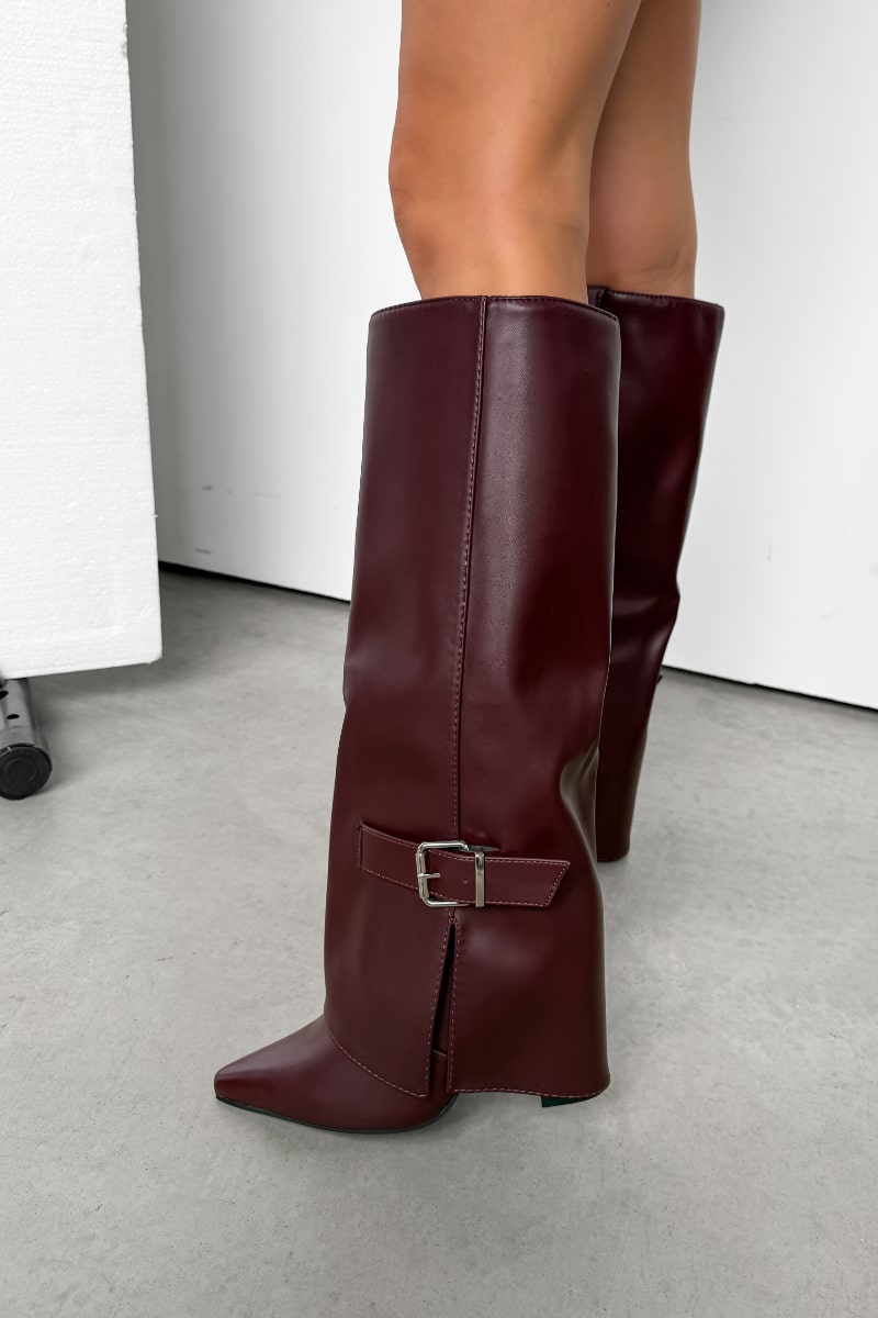 KARLEY Knee High Buckle Boots - Burgundy PU