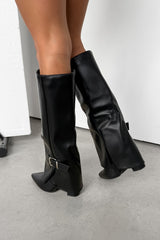KARLEY Knee High Buckle Boots - Black PU - 2