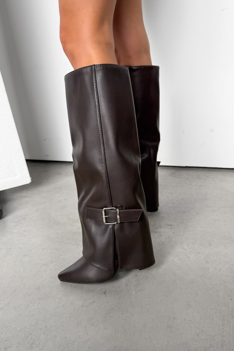 KARLEY Knee High Buckle Boots - Brown PU - 2