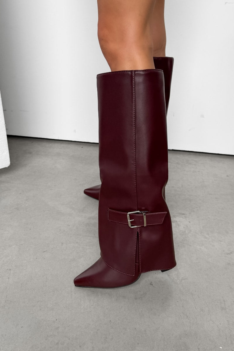 KARLEY Knee High Buckle Boots - Burgundy PU - 1