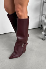 KARLEY Knee High Buckle Boots - Burgundy PU - 2
