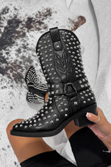 KARRIE Studded Western Cowboy Ankle Boots - Black - 1