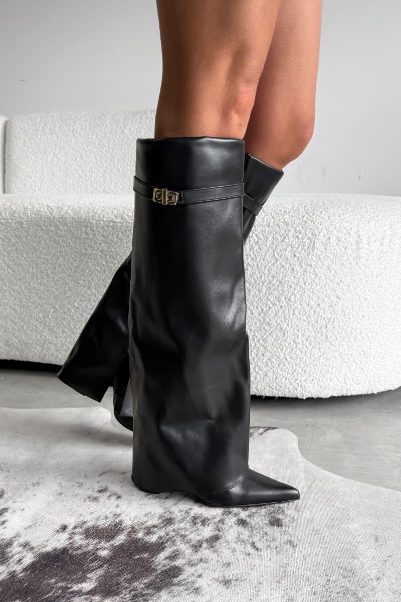 KEIRA Fold Over Flared Knee High Boots - Black PU