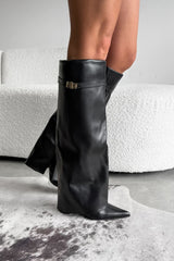 KEIRA Fold Over Flared Knee High Boots - Black PU