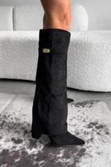 KEIRA Fold Over Flared Shark Knee High Boots - Black Suede