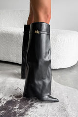 KEIRA Fold Over Flared Knee High Boots - Black PU - 3