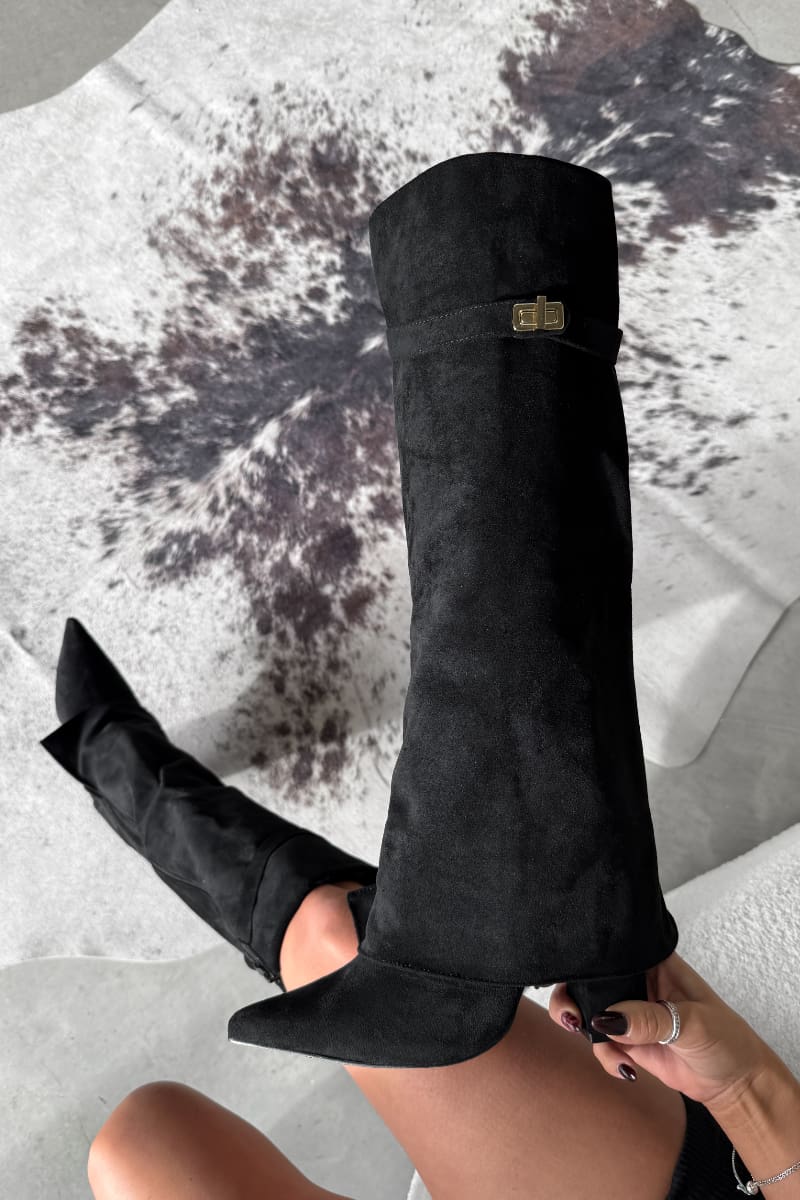 KEIRA Fold Over Flared Shark Knee High Boots - Black Suede - 2