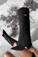 KEIRA Fold Over Flared Shark Knee High Boots - Black Suede - 2