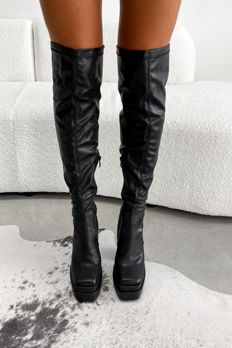 KHLO Chunky Over Knee Stretch Boots - black