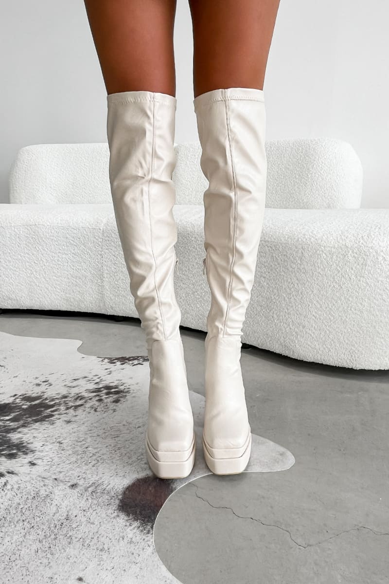 KHLO Chunky Over Knee Stretch Boots - Cream - 1