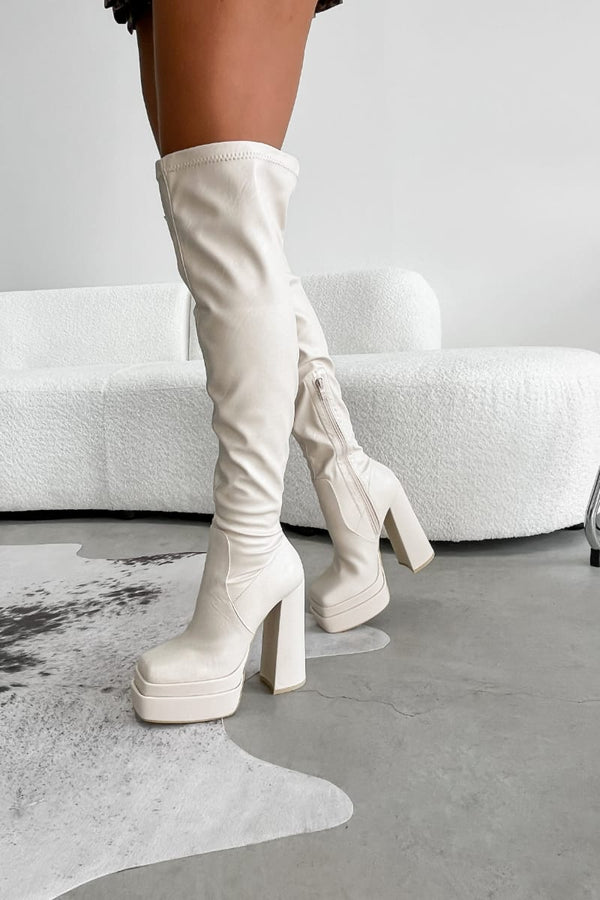 KHLO Chunky Over Knee Stretch Boots - Cream