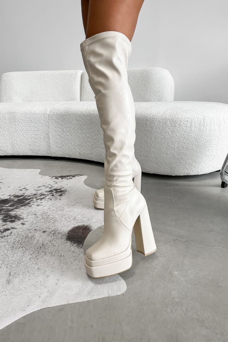 KHLO Chunky Over Knee Stretch Boots Cream