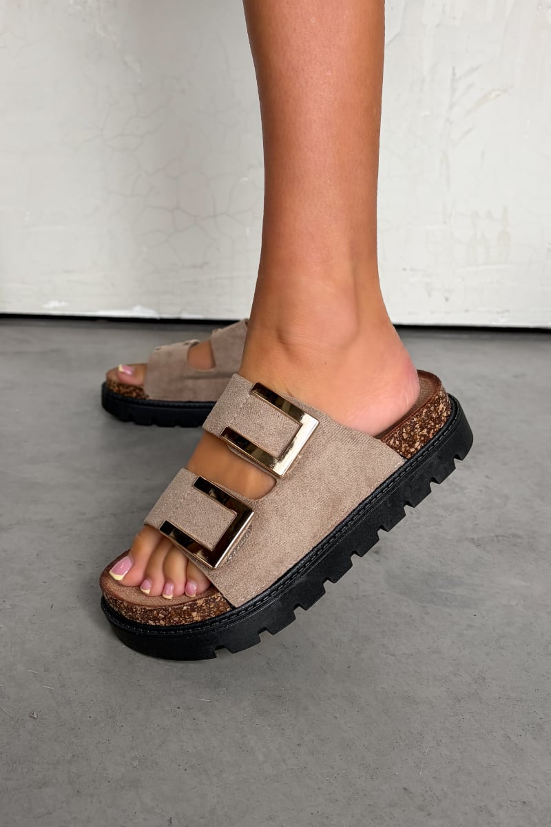 KIANA Chunky Gold Buckle Sandals - Beige