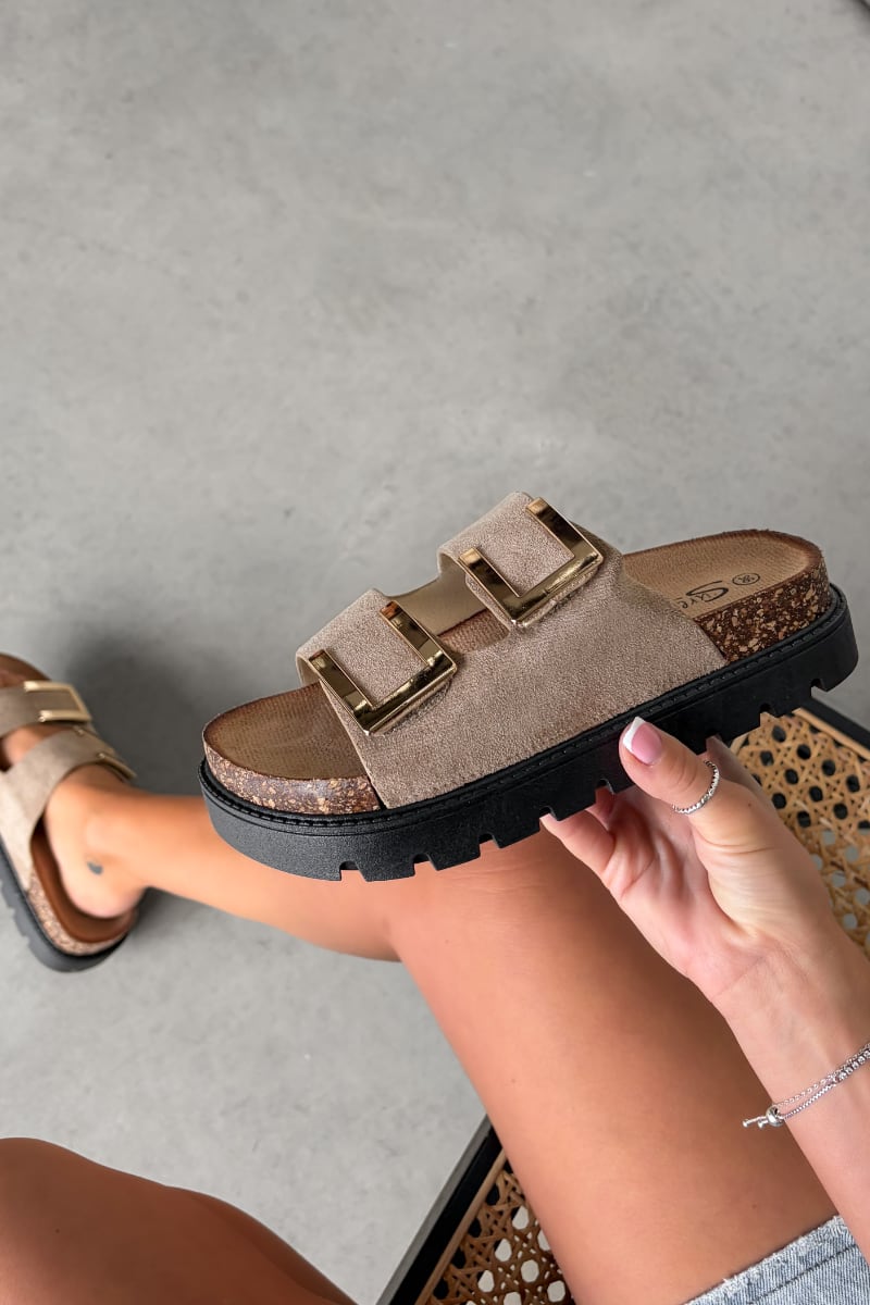 KIANA Chunky Gold Buckle Sandals - Beige - 1
