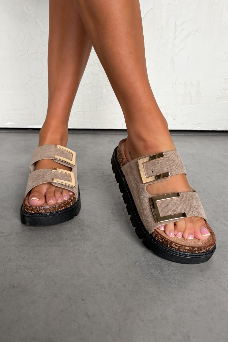 KIANA Chunky Gold Buckle Sandals - Beige - 2