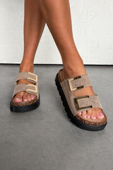 KIANA Chunky Gold Buckle Sandals - Beige - 2