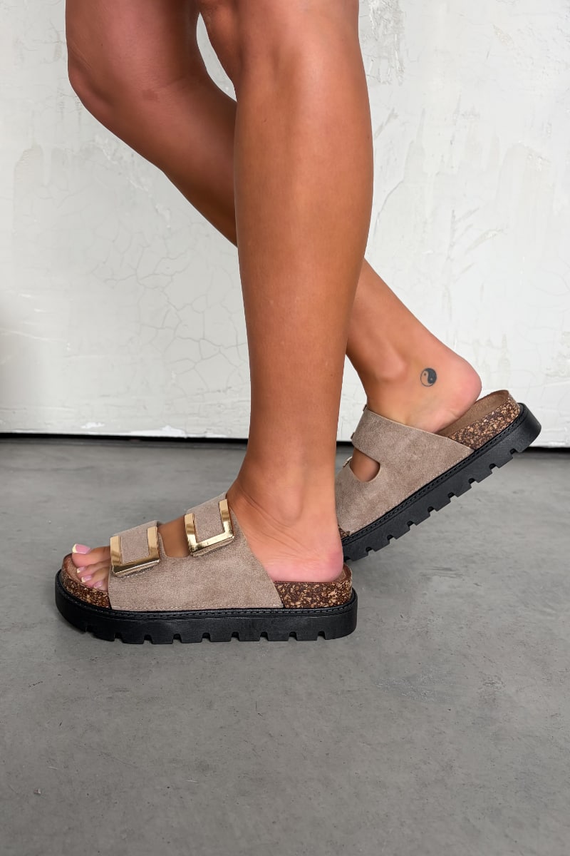 KIANA Chunky Gold Buckle Sandals - Beige - 3