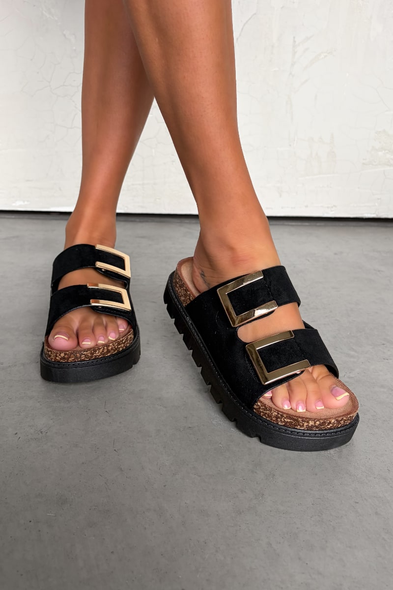 KIANA Chunky Gold Buckle Sandals - Black