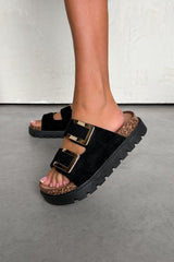 KIANA Chunky Gold Buckle Sandals - Black - 3