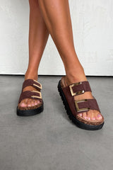 KIANA Chunky Gold Buckle Sandals - Brown - 1