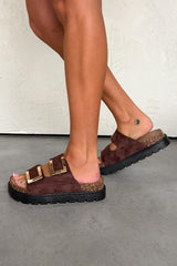 KIANA Chunky Gold Buckle Sandals - Brown