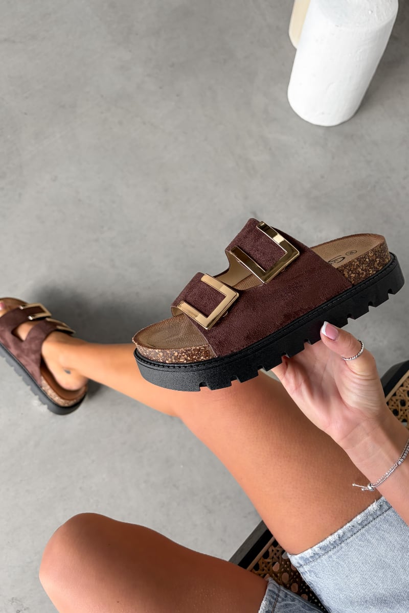 KIANA Chunky Gold Buckle Sandals - Brown - 2