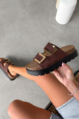 KIANA Chunky Gold Buckle Sandals - Brown - 2