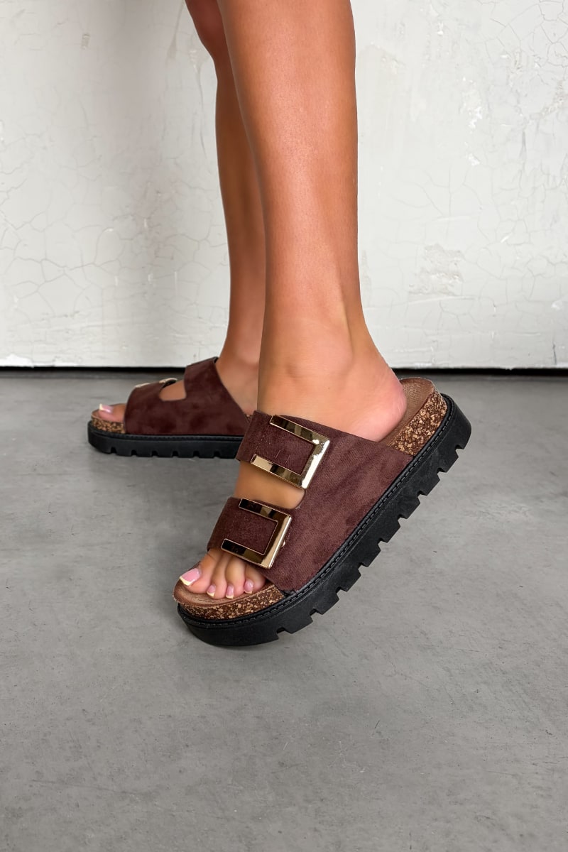 KIANA Chunky Gold Buckle Sandals - Brown - 3