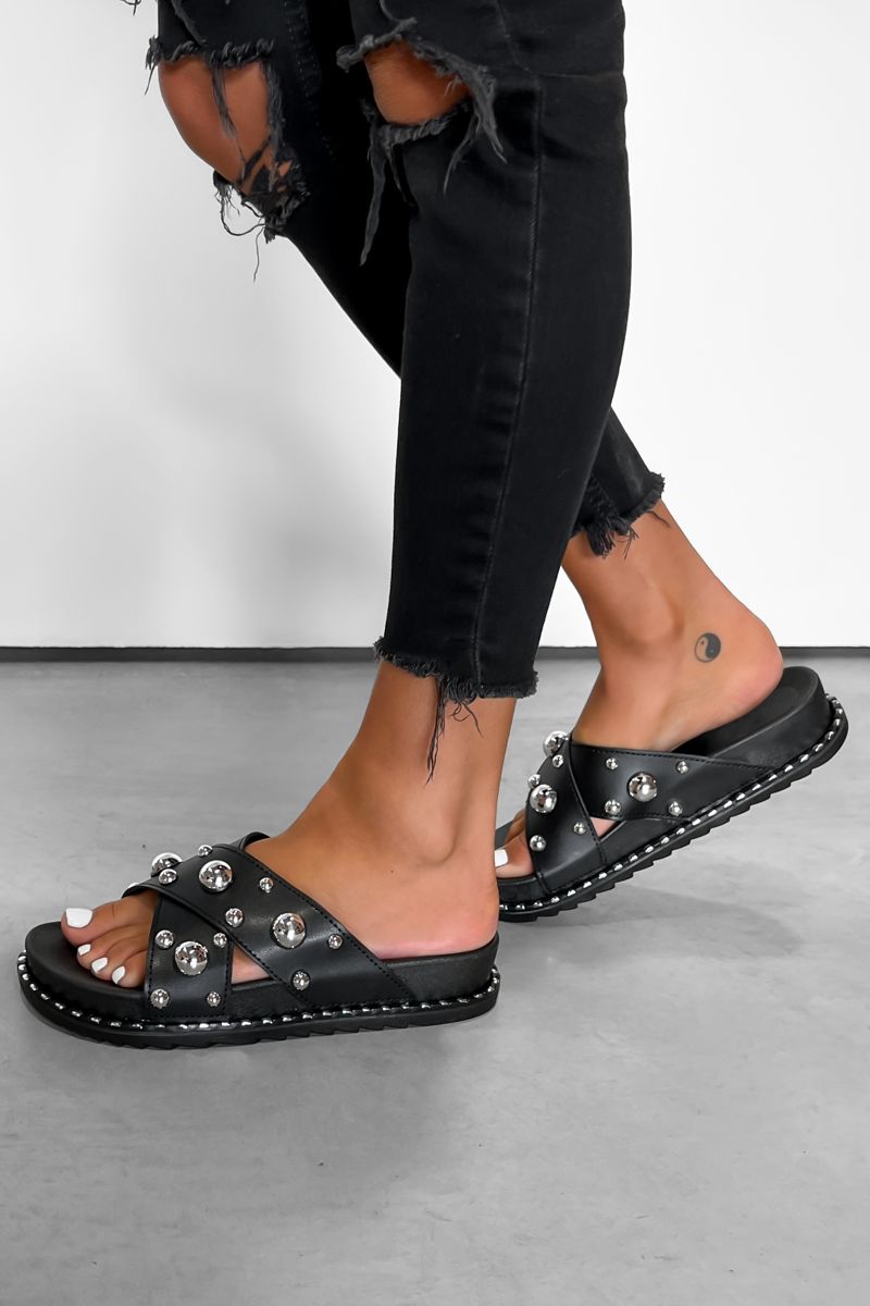KIARA Chunky Studded Slider Sandals - Black-2