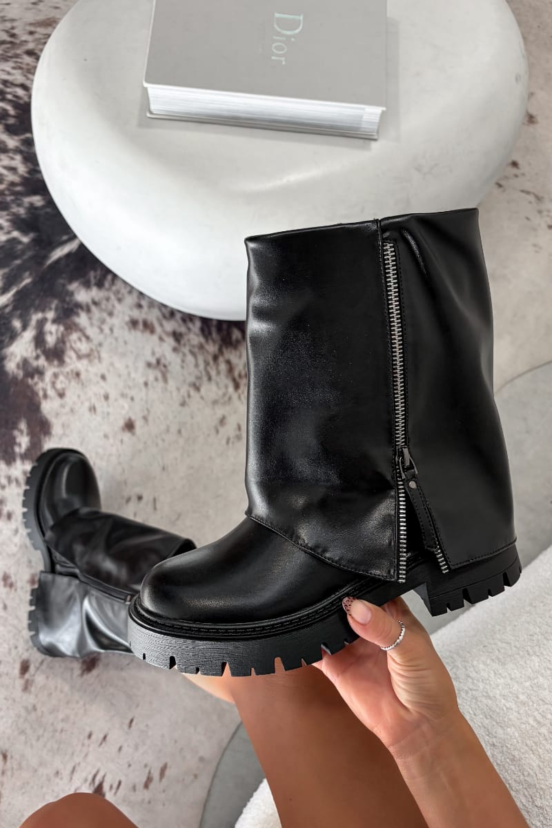 KICK BACK Zip Flared Platform Boots - Black