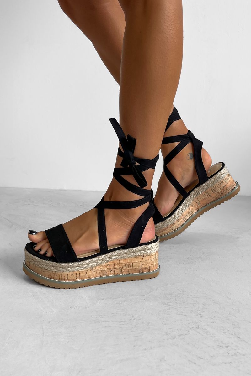 KICKING BACK Tie Up Espadrille Sandals - Black