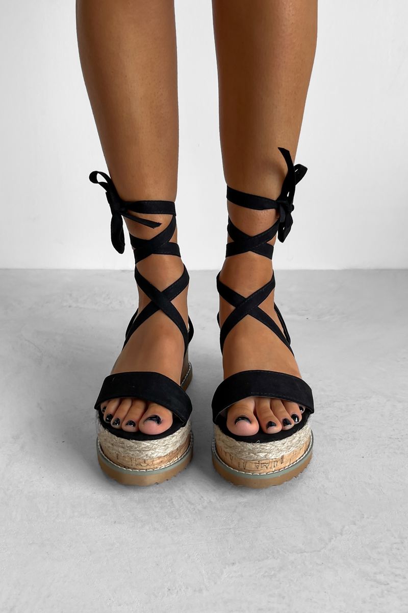 KICKING BACK Tie Up Espadrille Sandals Black AJ VOYAGE