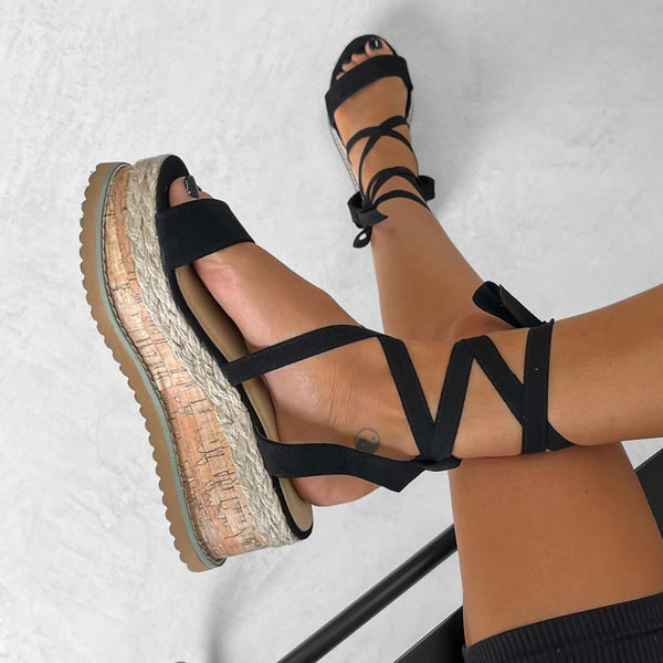 KICKING BACK Tie Up Espadrille Sandals Black AJ VOYAGE