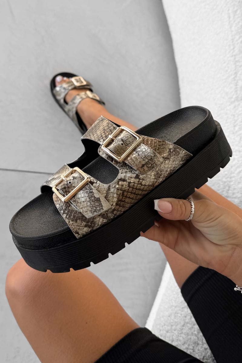 KORA Chunky Buckle Sandals - Gold Snake