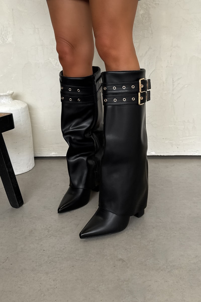 KOURTNEY Fold Over Shark Heeled Boots - Black PU
