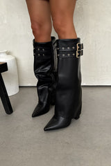 KOURTNEY Fold Over Shark Heeled Boots - Black PU